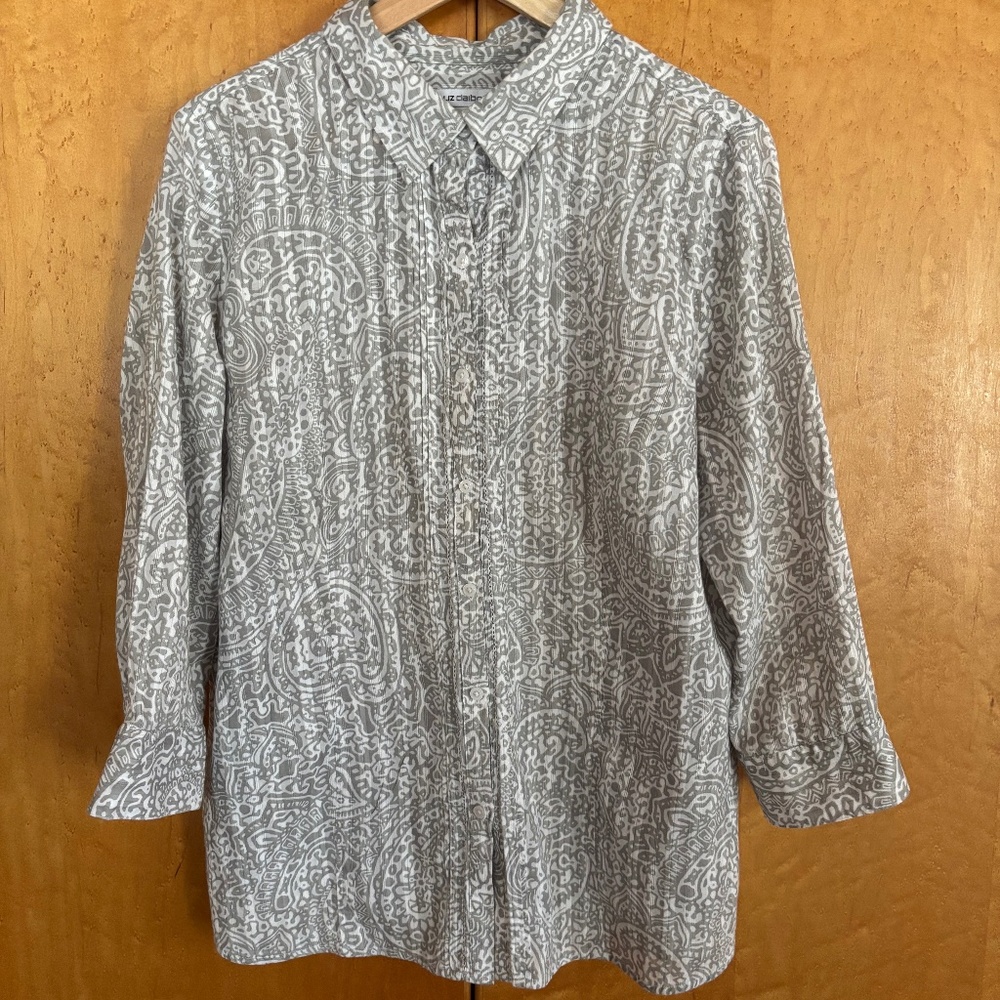 Women's Button Down Shirt Cotton Size XL White/Grey Pattern